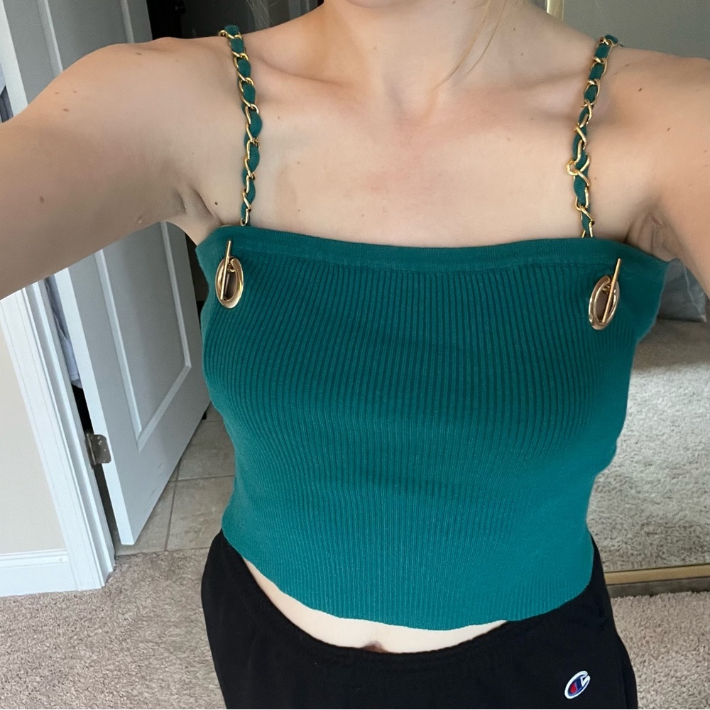 Teal Ribbed Crop Top with Chain Straps